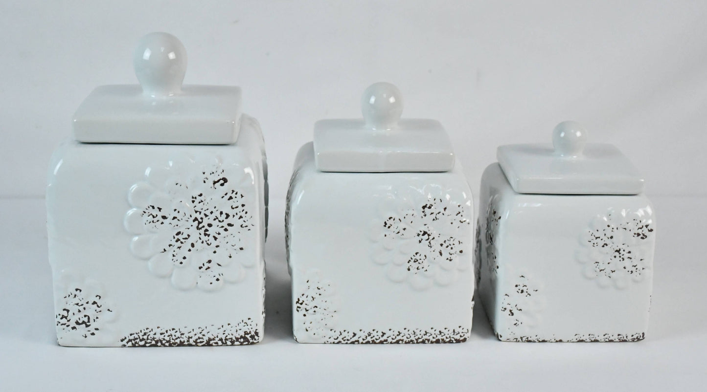 White Rustic Floral Canister Set