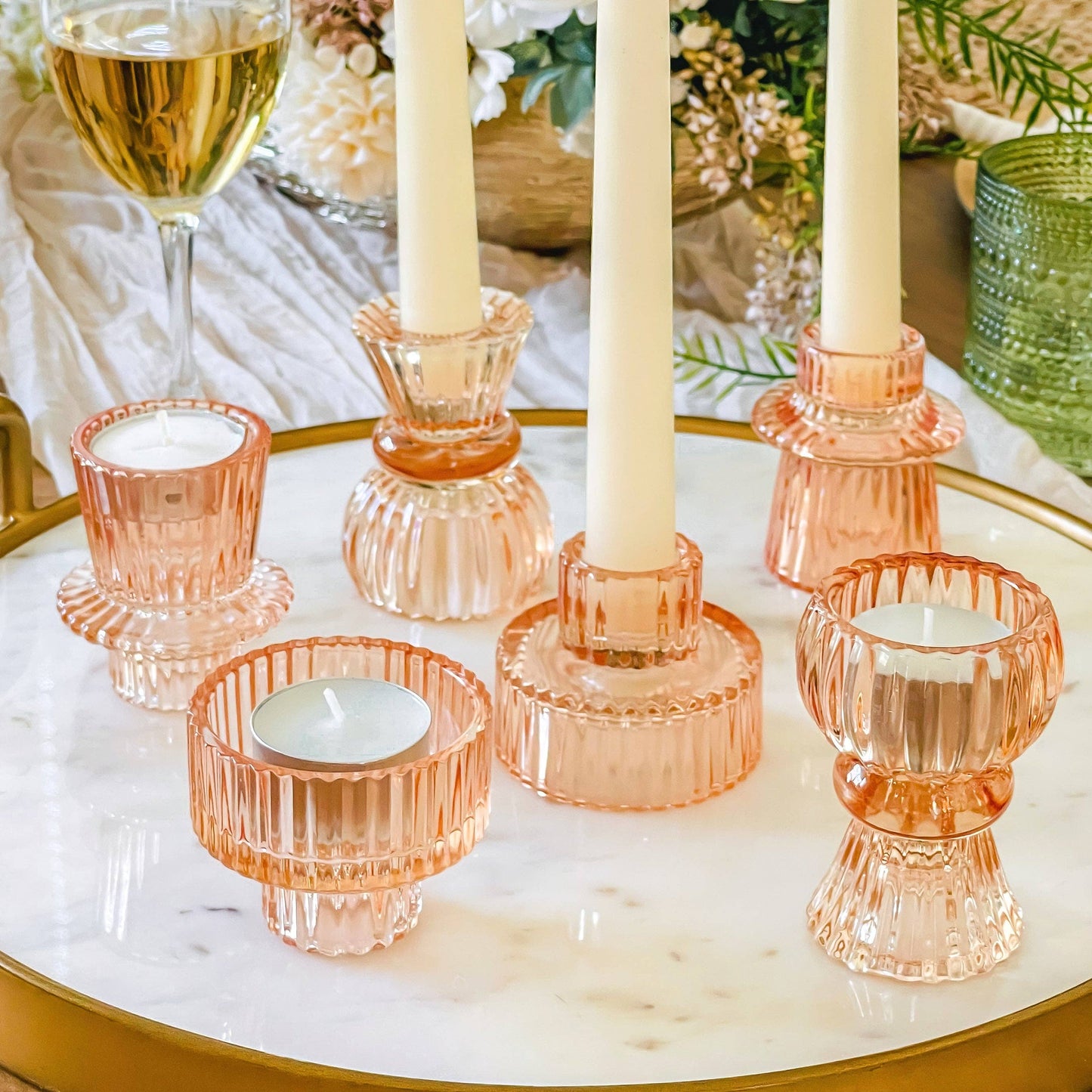 Vintage Glass Rose Gold Candlestick Set