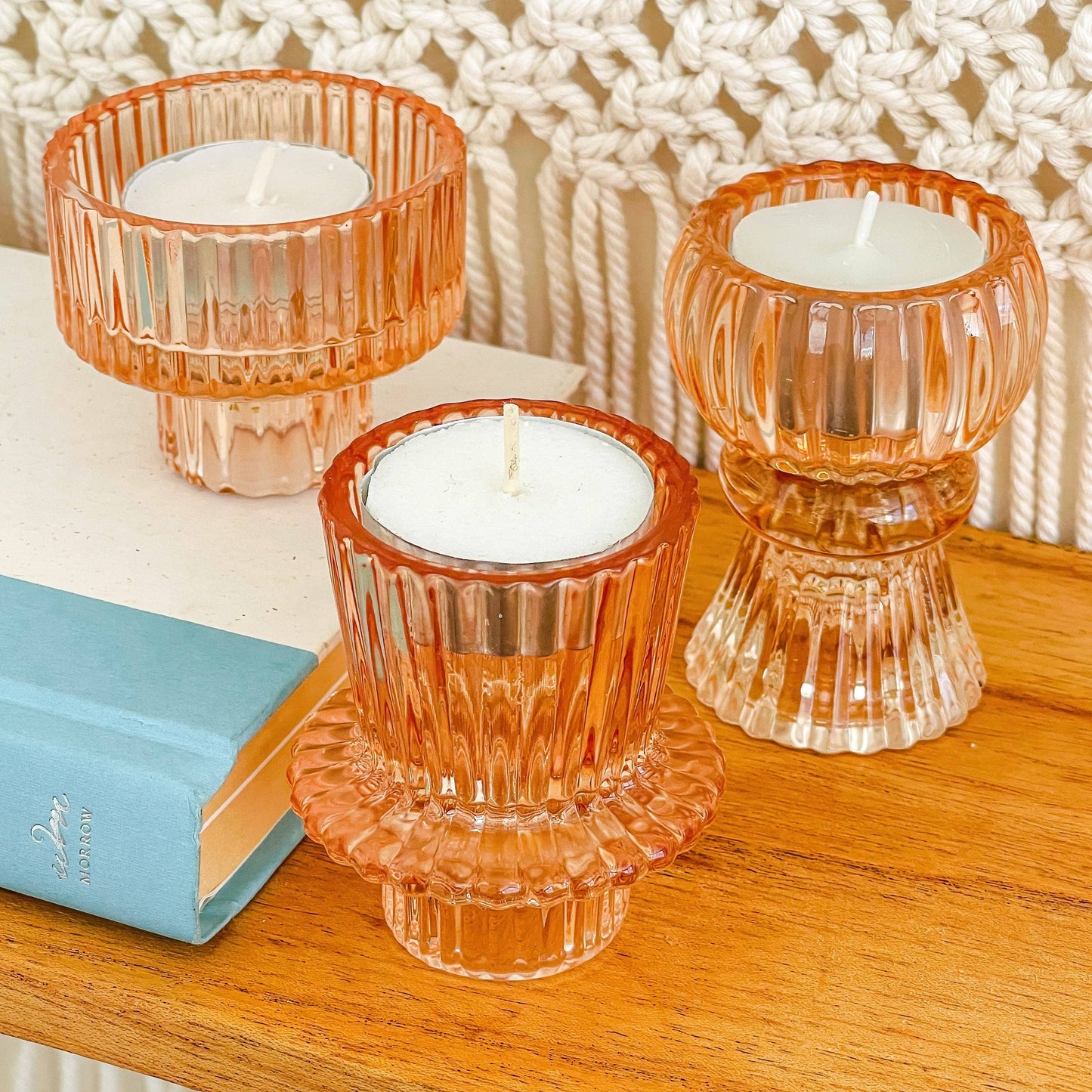 Vintage Glass Rose Gold Candlestick Set