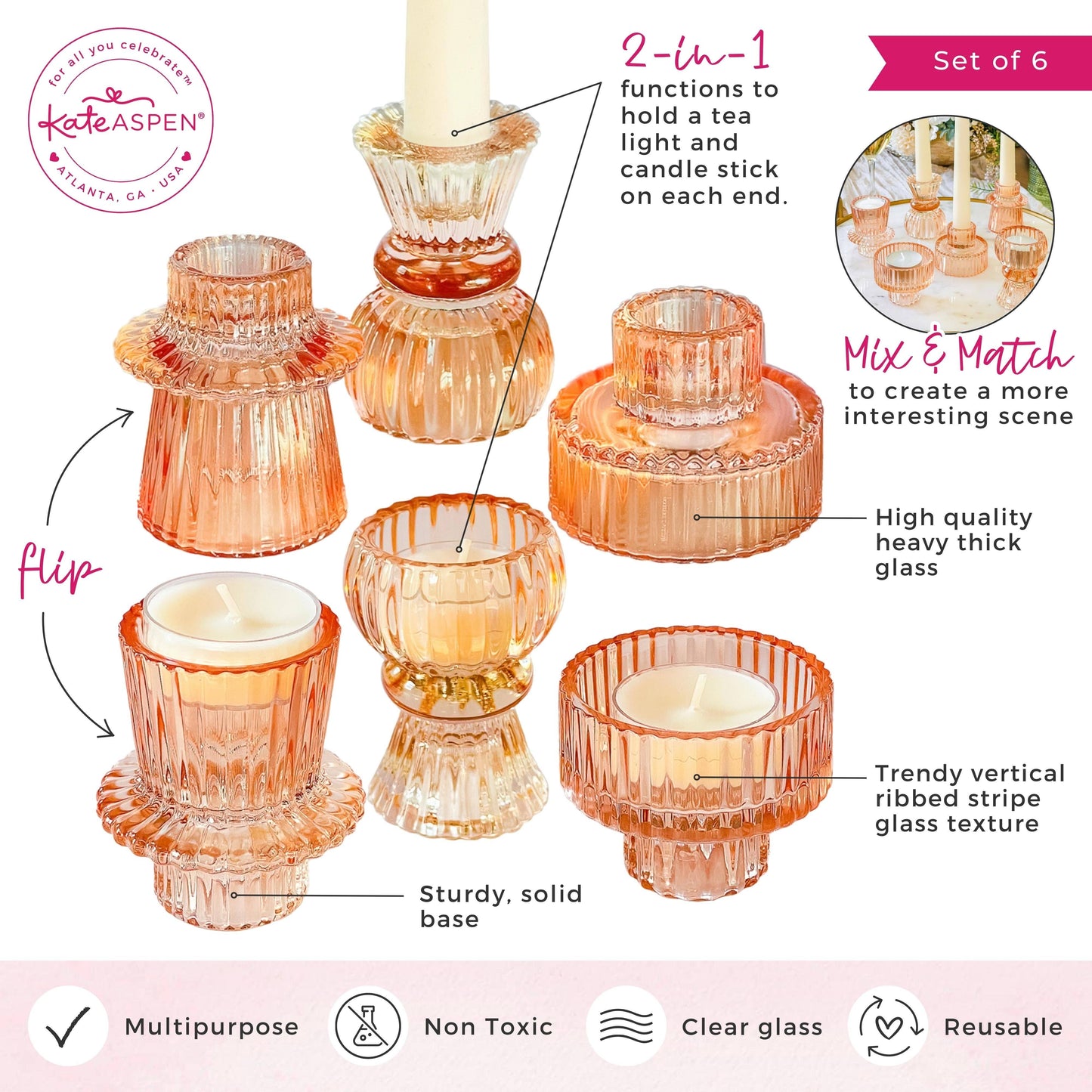 Vintage Glass Rose Gold Candlestick Set