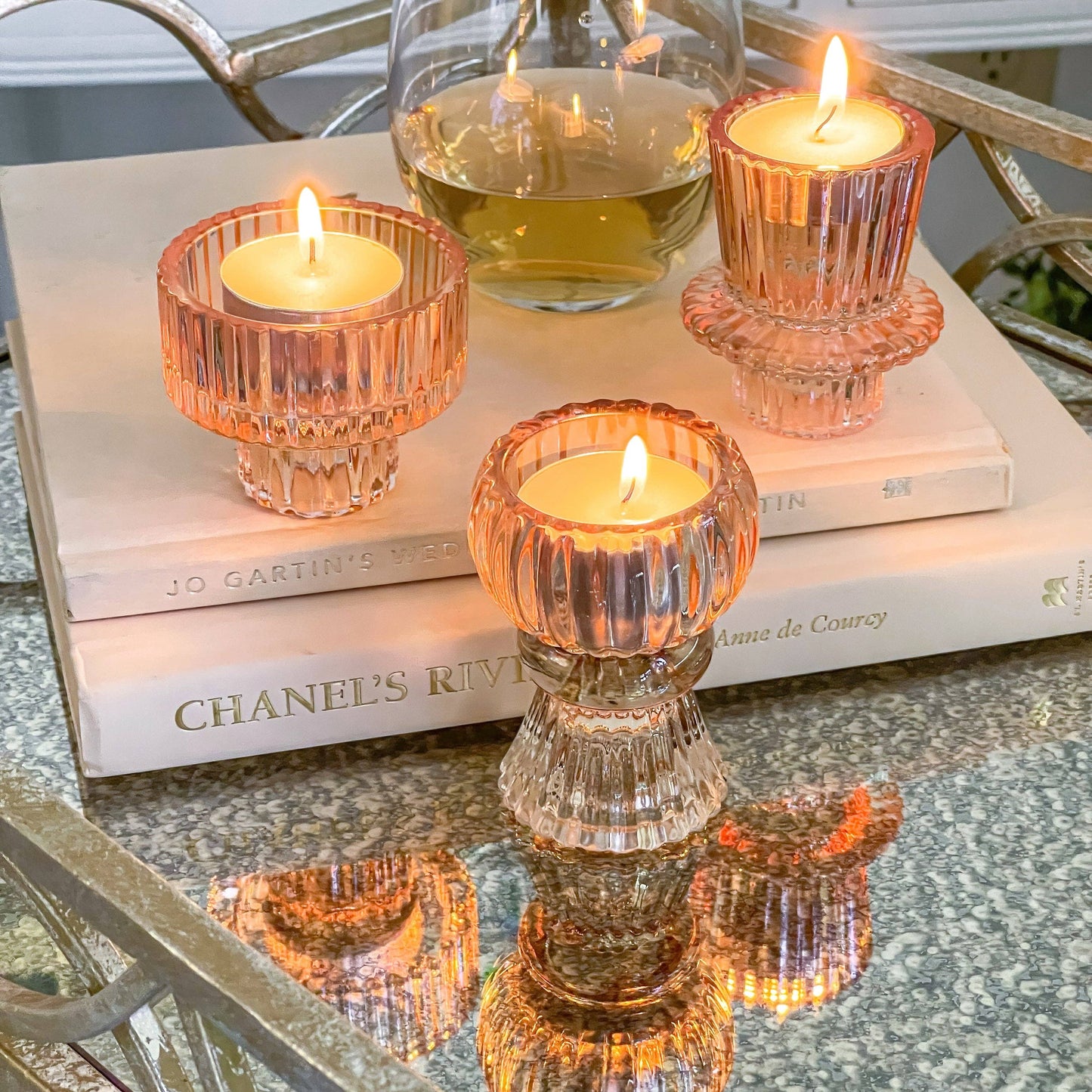 Vintage Glass Rose Gold Candlestick Set