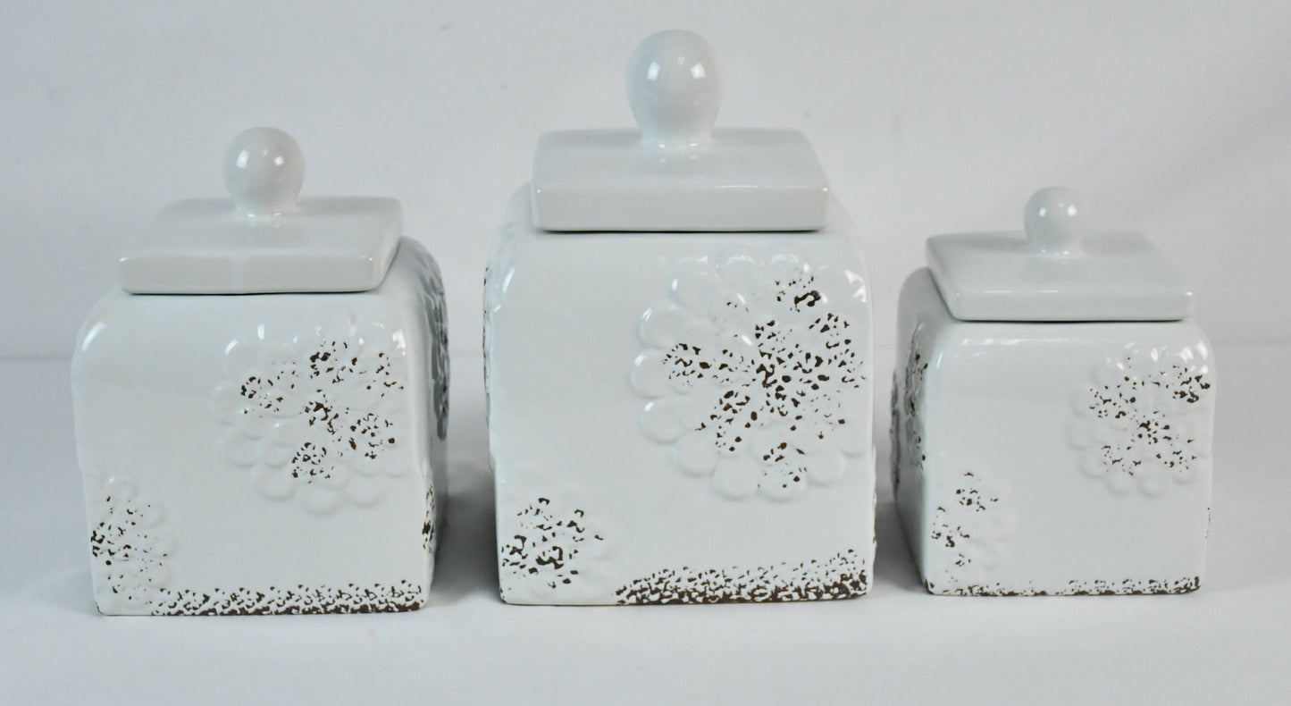 White Rustic Floral Canister Set
