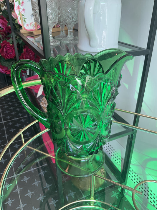 Vintage green cut glass pitcher
