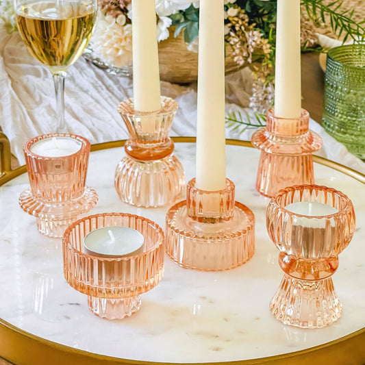 Vintage Glass Rose Gold Candlestick Set